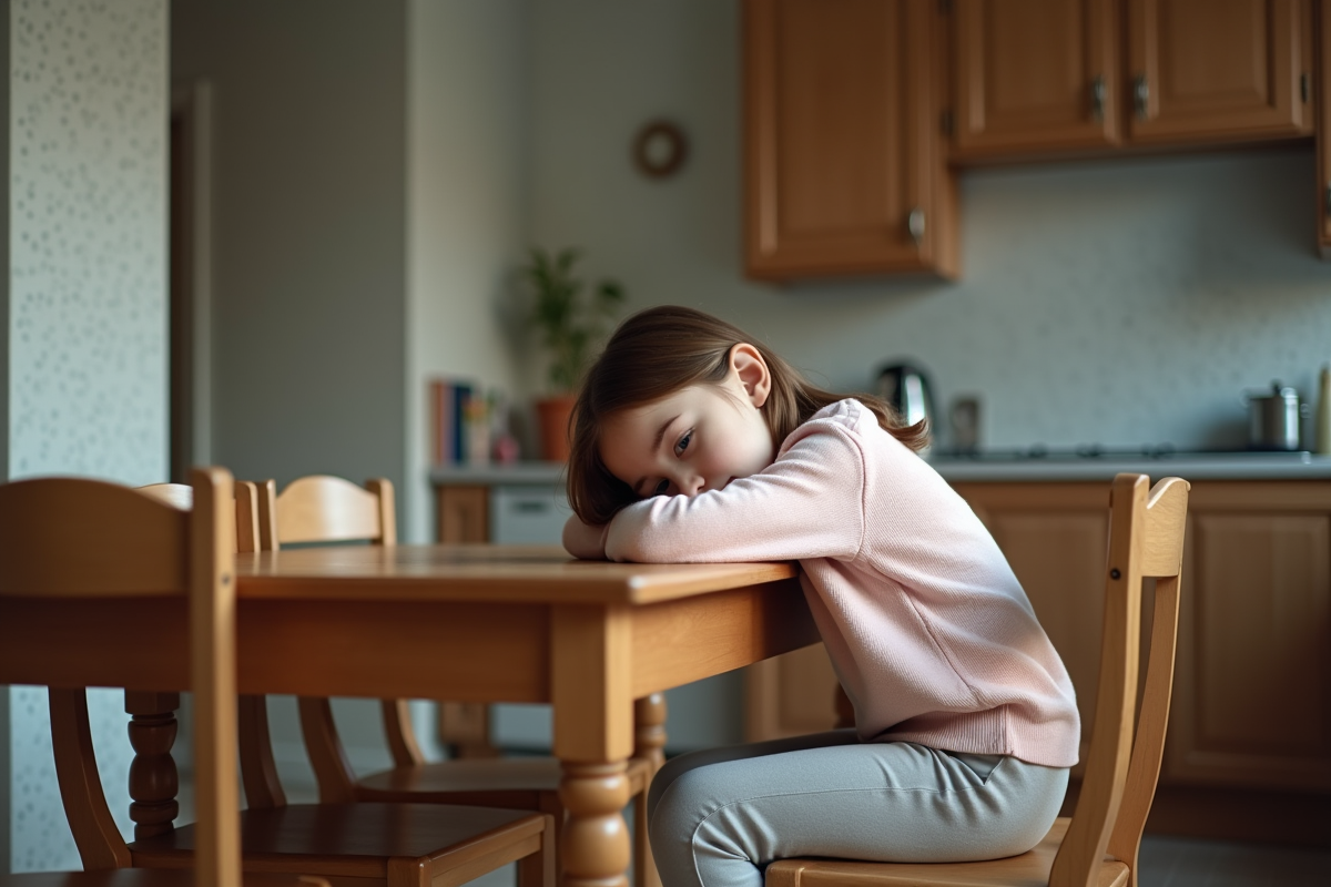Jeune fille de 8 ans assise à la table de cuisine en retrait