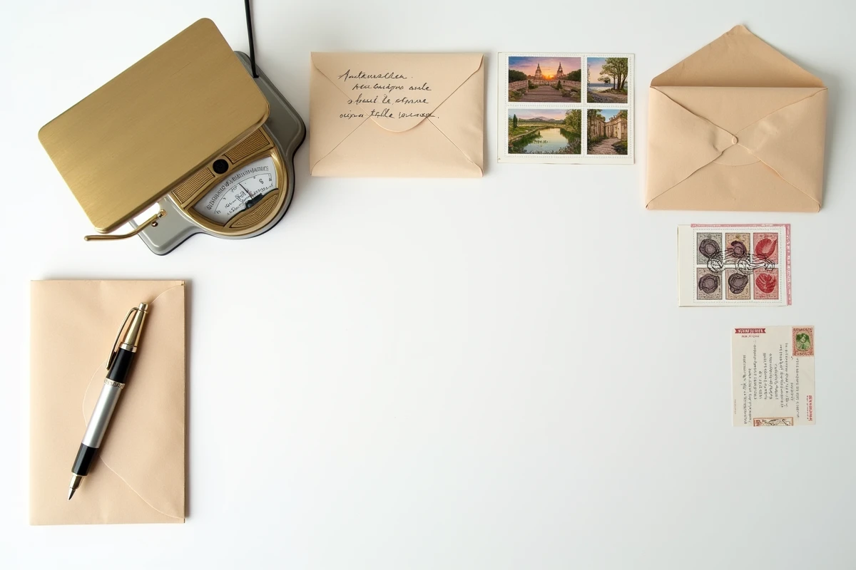 Vue aérienne d'envelopes, timbres et balance postale pour calculer l'affranchissement