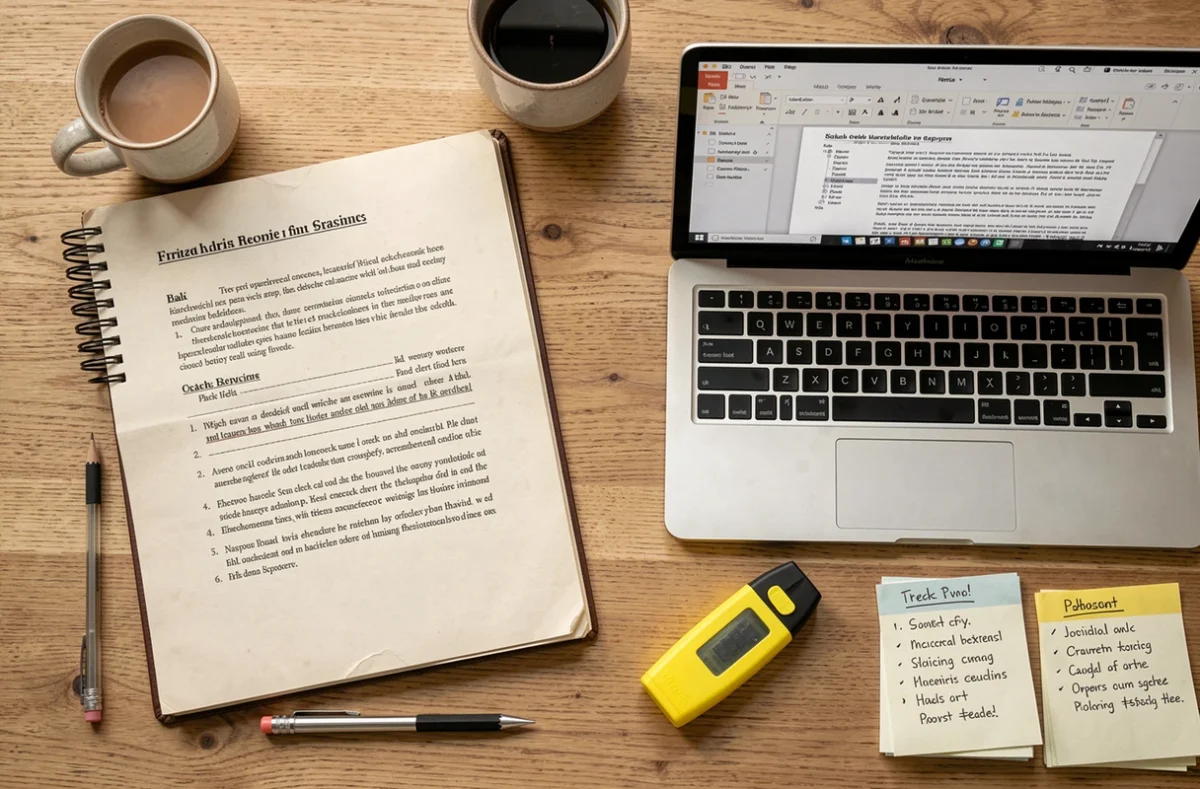 Vue aérienne d'un bureau organisé avec un brouillon de mémoire imprimé, un ordinateur portable affichant un logiciel de rédaction structurée et des fiches de notes manuscrites