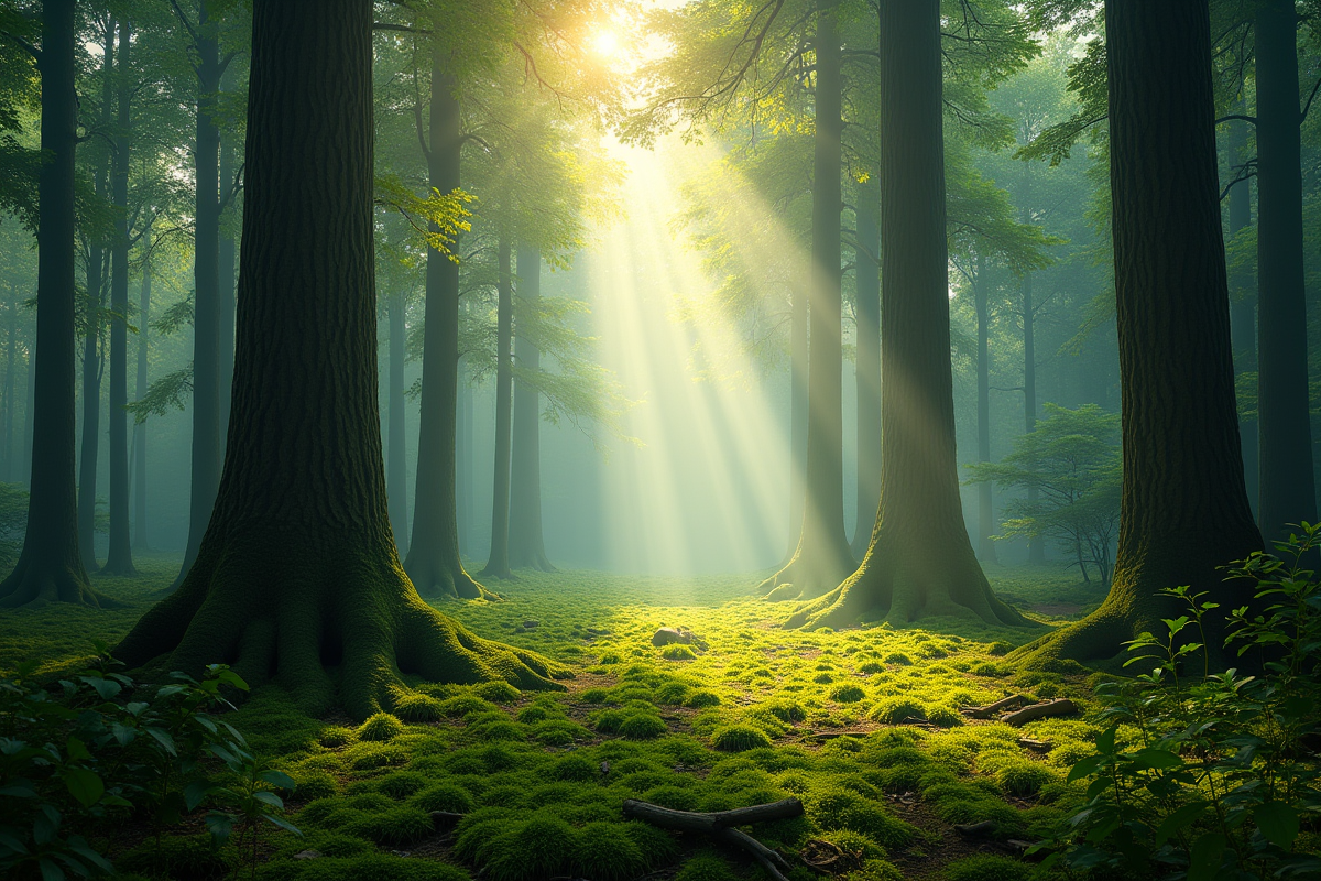 Forêt luxuriante avec sept rayons de soleil perçant les arbres anciens