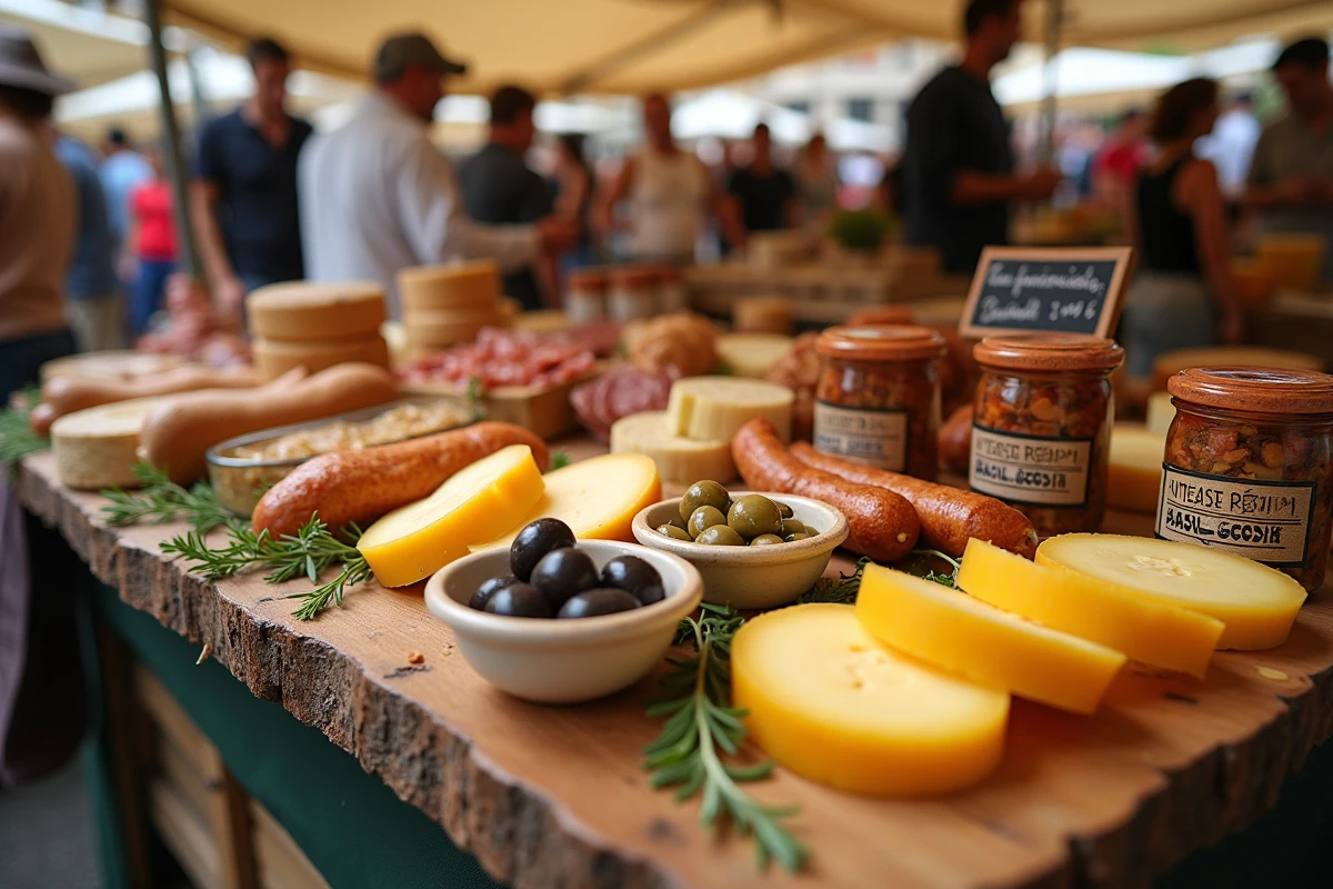 Plateau de fromages catalans et charcuteries artisanales sur étal de marché au Barcarès, avec olives, tapenade et saucissons locaux