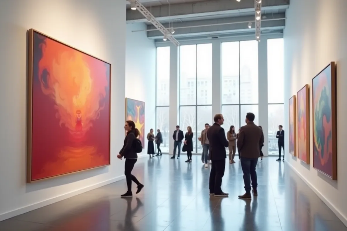 Intérieur d'une galerie d'art contemporain avec œuvres colorées