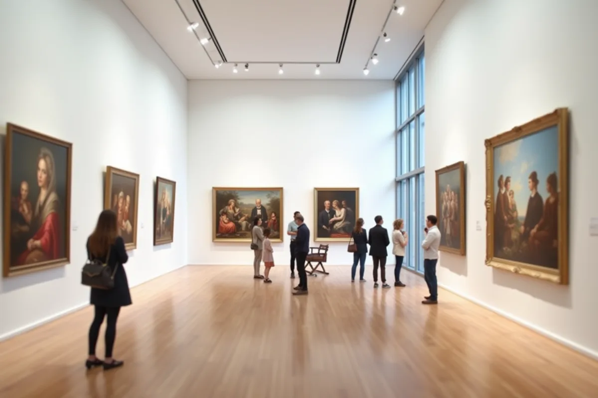 Intérieur d'une galerie d'art avec œuvres variées exposées