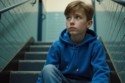 Garçon de 10 ans assis sur un escalier d'école contemplant l'horizon