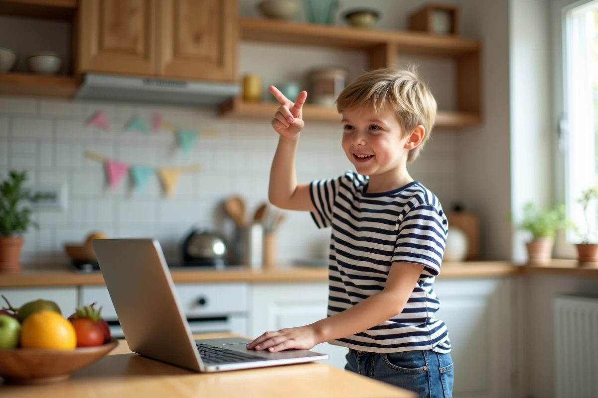 Garçon de 10 ans pointant un GIF anniversaire sur un ordinateur