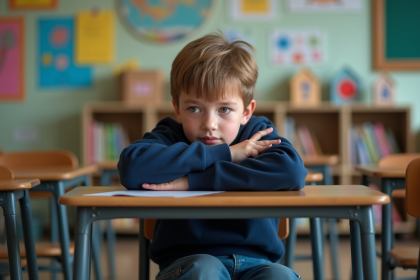 Jeune garçon assis pensif à l'école dans une salle colorée