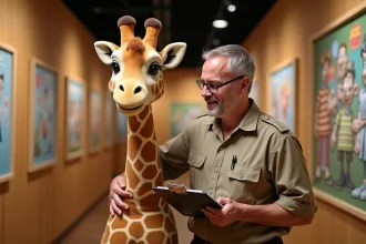 Gardien de zoo avec girafe en peluche Melman