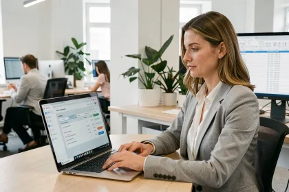 Femme professionnelle gérant des commandes et factures automatisées sur un tableau de bord numérique dans un bureau moderne