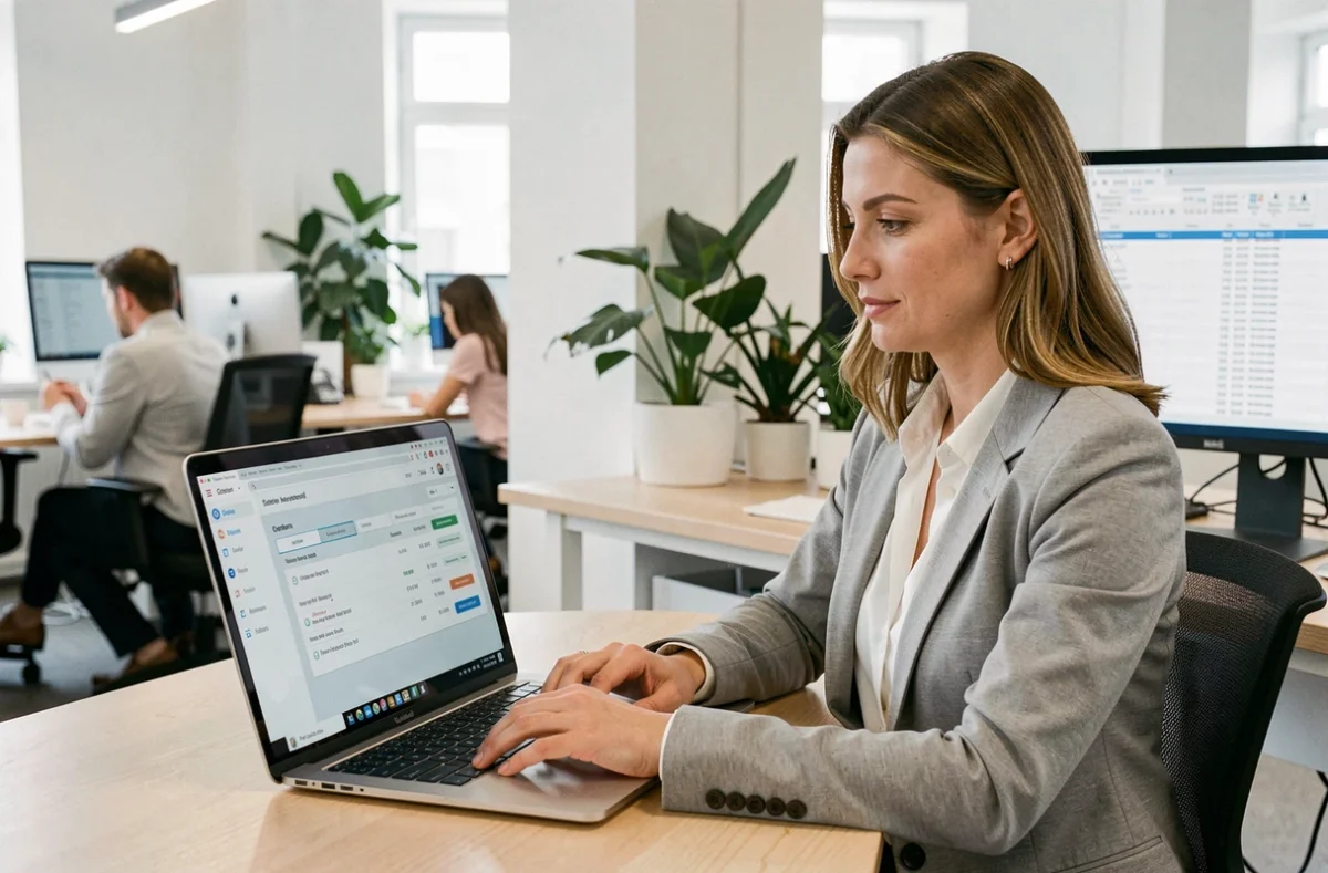 Femme professionnelle gérant des commandes et factures automatisées sur un tableau de bord numérique dans un bureau moderne