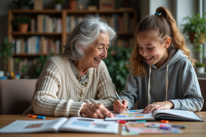 Une grand-mère et une adolescente créant un scrapbook ensemble