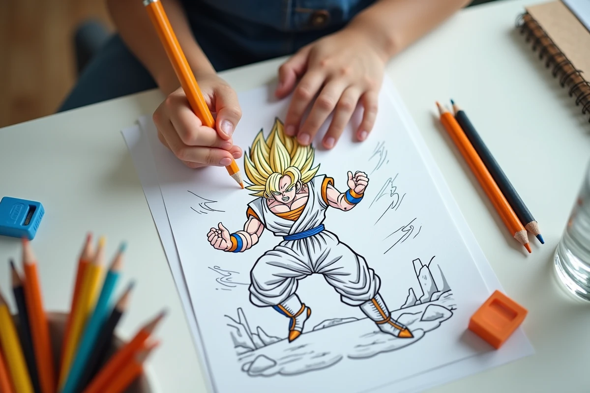 Gros plan sur des mains d'enfant coloriant une fiche Dragon Ball avec des crayons de couleur