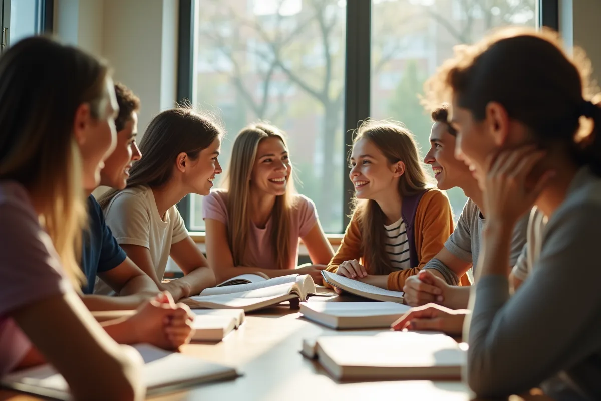 Groupe d'adolescents et adulte en discussion dans une salle lumineuse