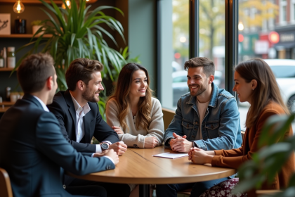 Groupe mixte dans un caf&eacute; urbain convivial