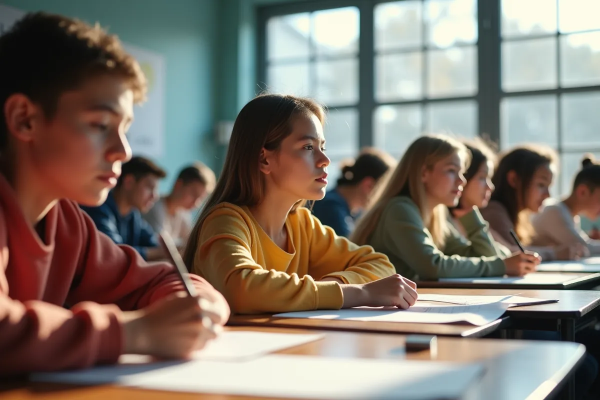 Groupe de lycéens variés en classe lumineuse