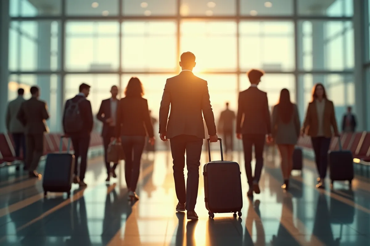 Groupe diversifié de voyageurs à l'aéroport en plein jour