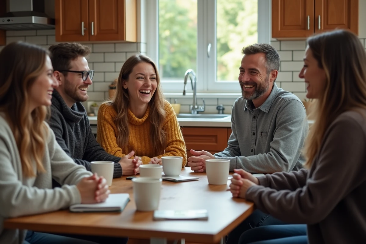 Groupe d adultes discutant autour d'une table de cuisine