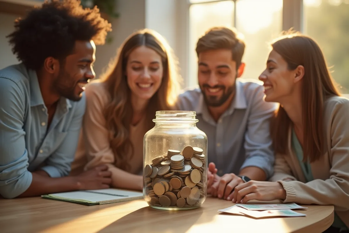 Groupe diversifié examinant des pièces et billets sur le comptoir