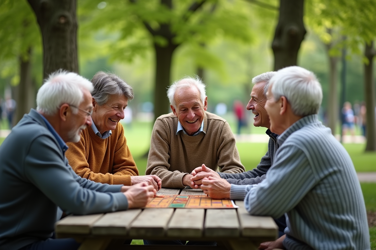 Groupe de seniors jouant à un jeu de société en plein air