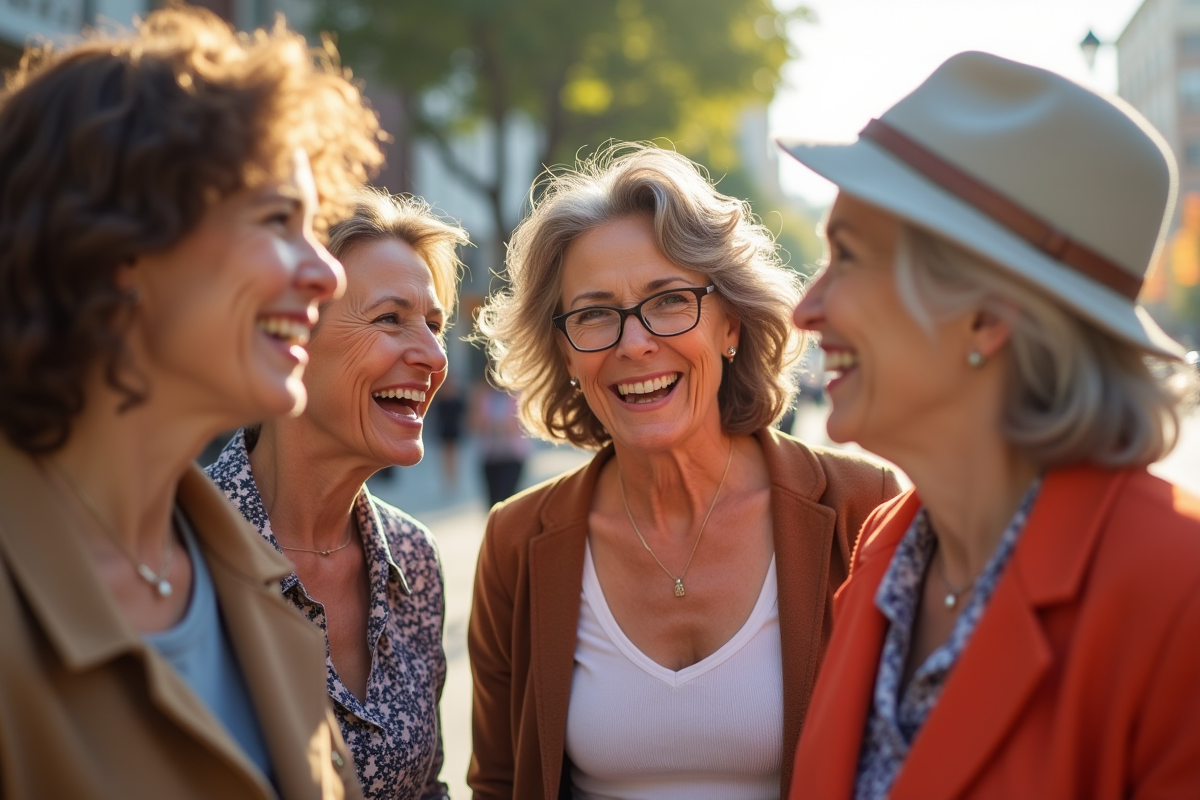 Femmes souriantes dans la rue ensoleillée