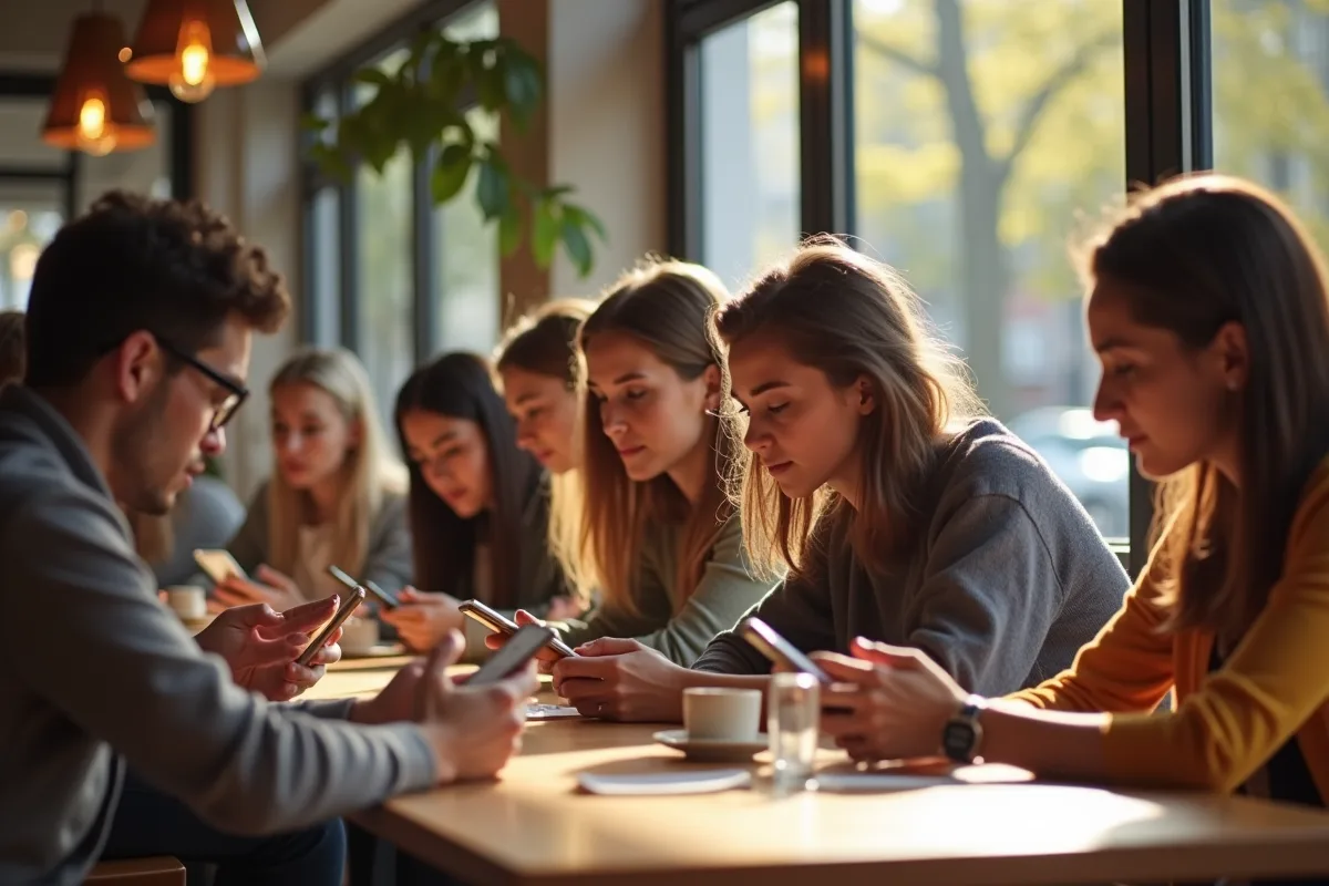 Groupe de jeunes adultes au café utilisant leurs smartphones
