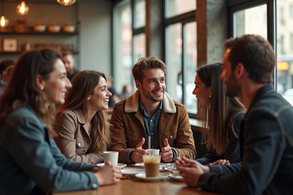 Jeunes adultes dans un café urbain en discussion