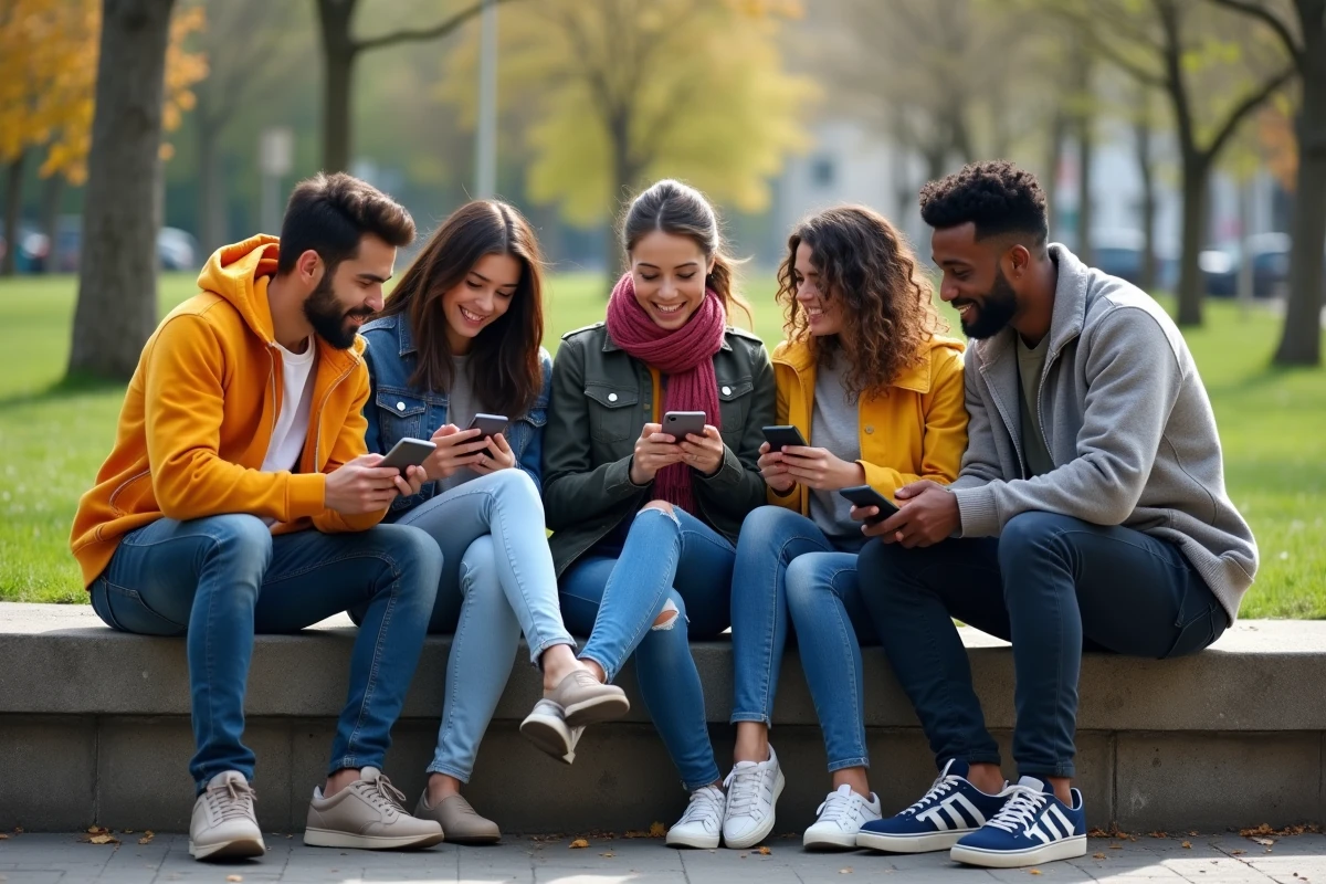 Groupe de jeunes discutant avec leurs smartphones dans un parc urbain