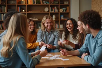 Groupe d'adultes jouant à un jeu convivial dans un salon chaleureux