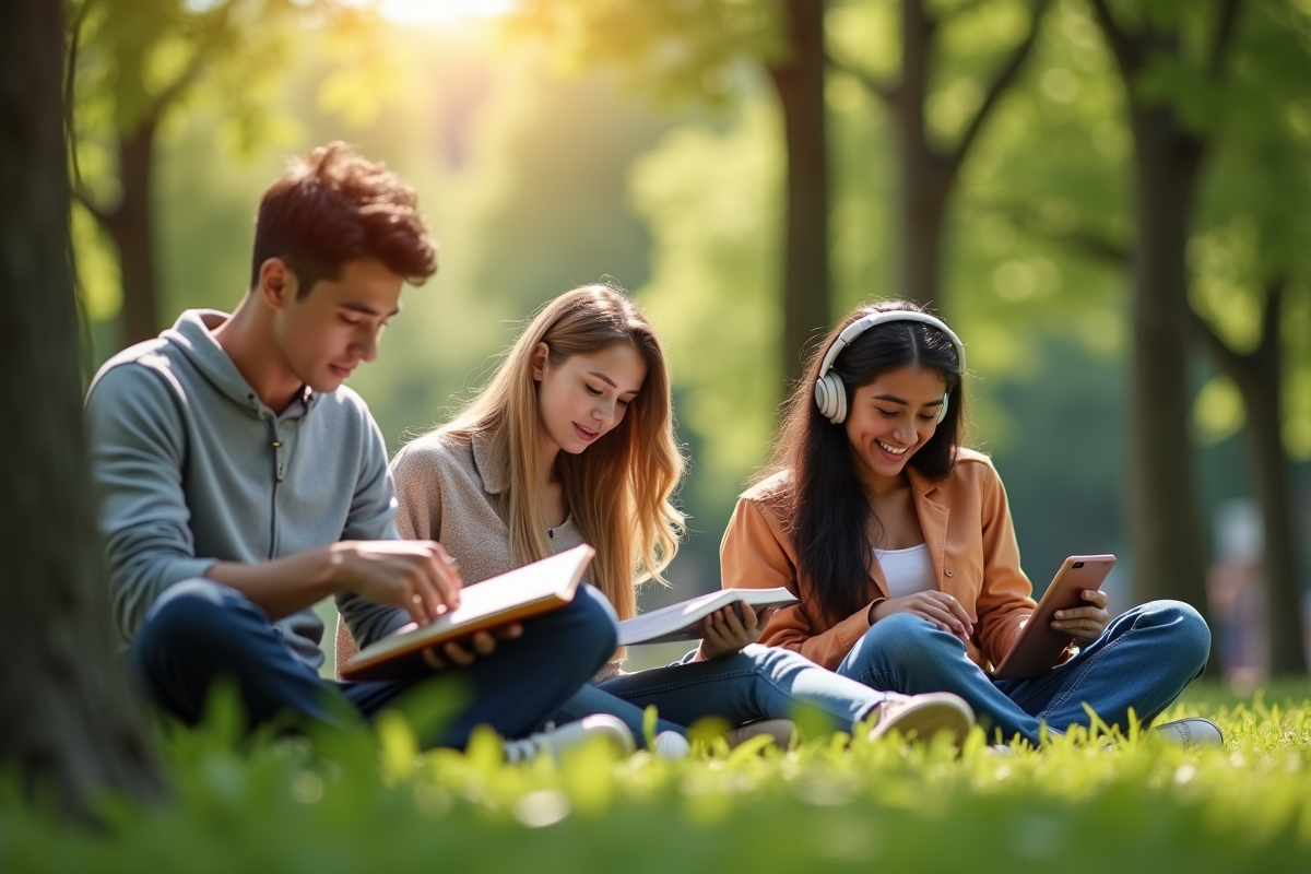 Groupe de millennials dans un parc ensoleille