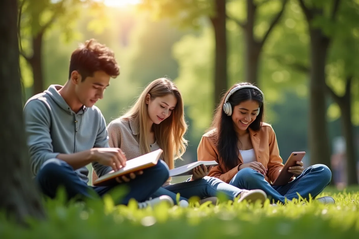 Groupe de millennials dans un parc ensoleille