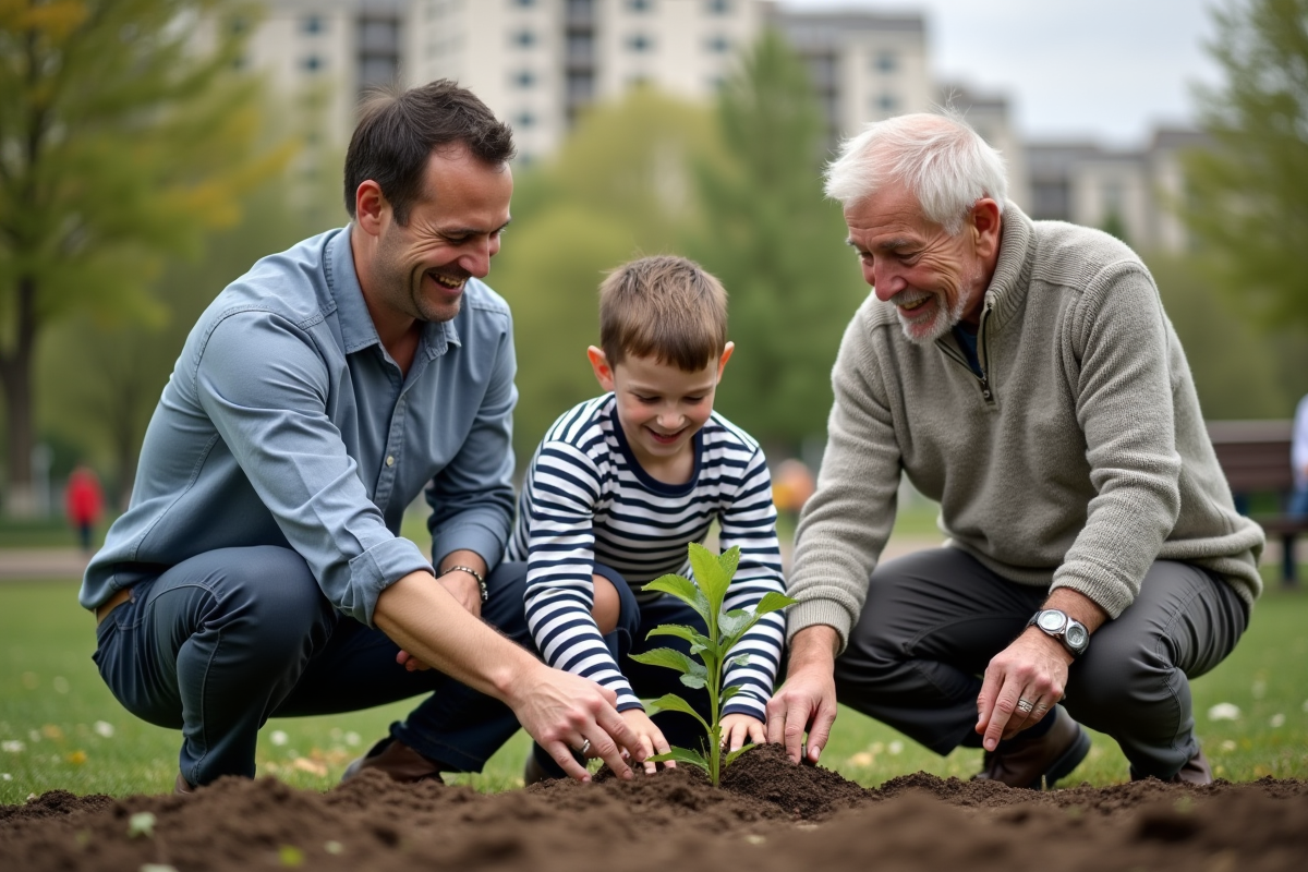 Groupe intergénérationnel plantant des jeunes arbres dans un parc