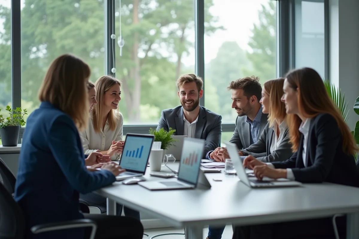 Groupe de professionnels en réunion dans un bureau lumineux