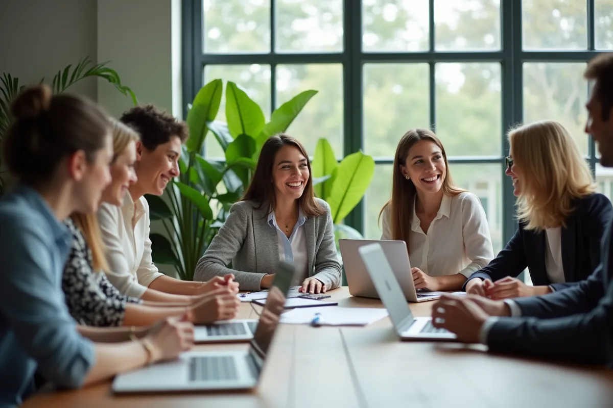 Groupe de professionnels souriants dans un bureau moderne
