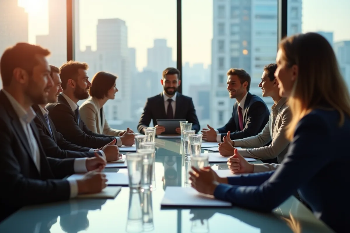 Groupe de professionnels en réunion dans une salle lumineuse
