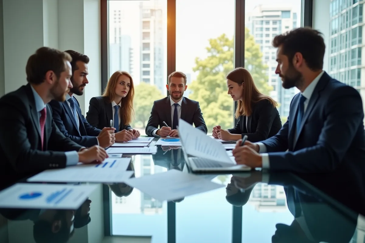 Groupe de professionnels en réunion analysant des rapports financiers