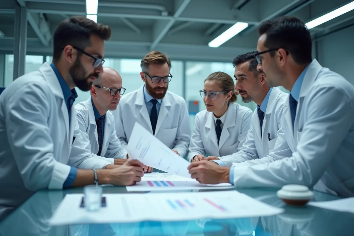 Groupe de scientifiques collaborant dans un laboratoire moderne