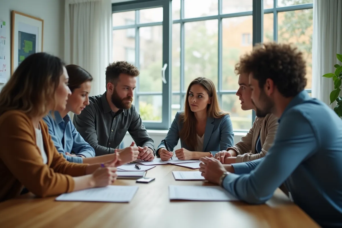Groupe d adultes en discussion dans un bureau moderne