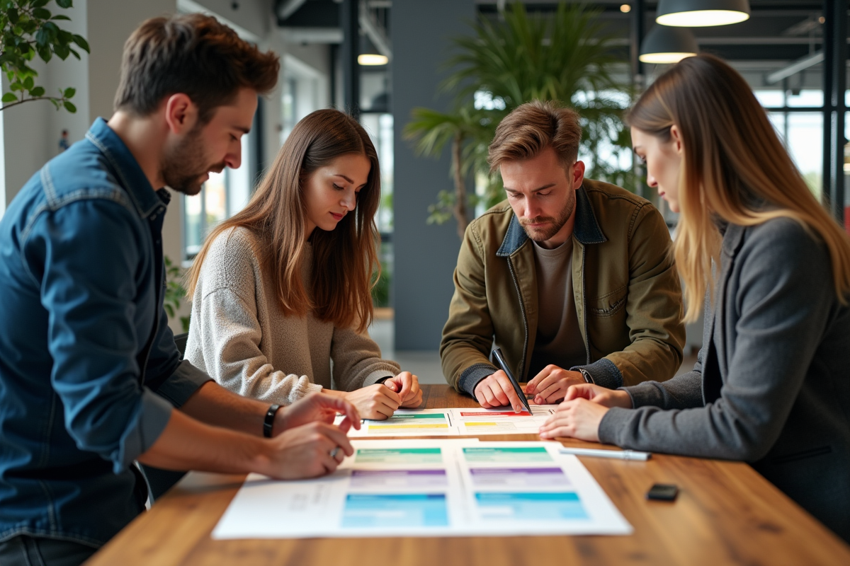 Groupe diversifié de professionnels discutant autour de tableaux de standards