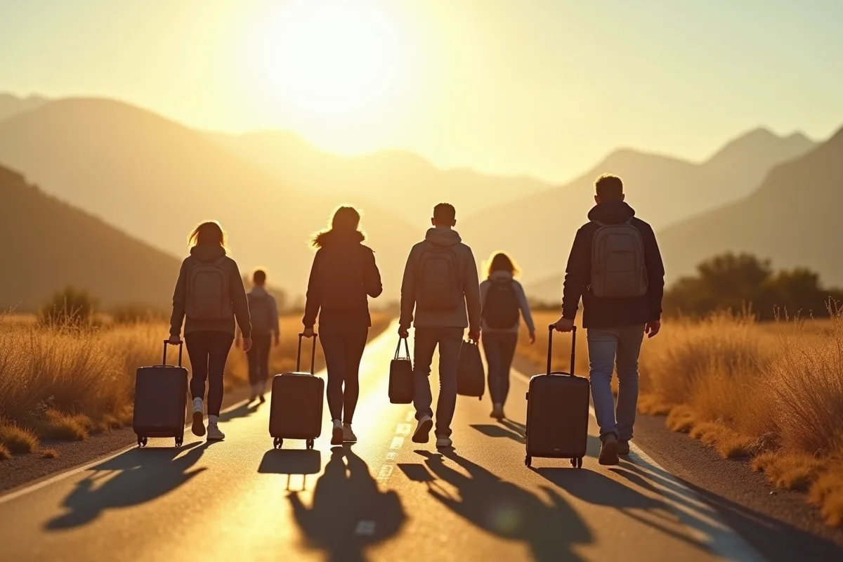 Groupe de voyageurs marchant avec valises sur route en campagne