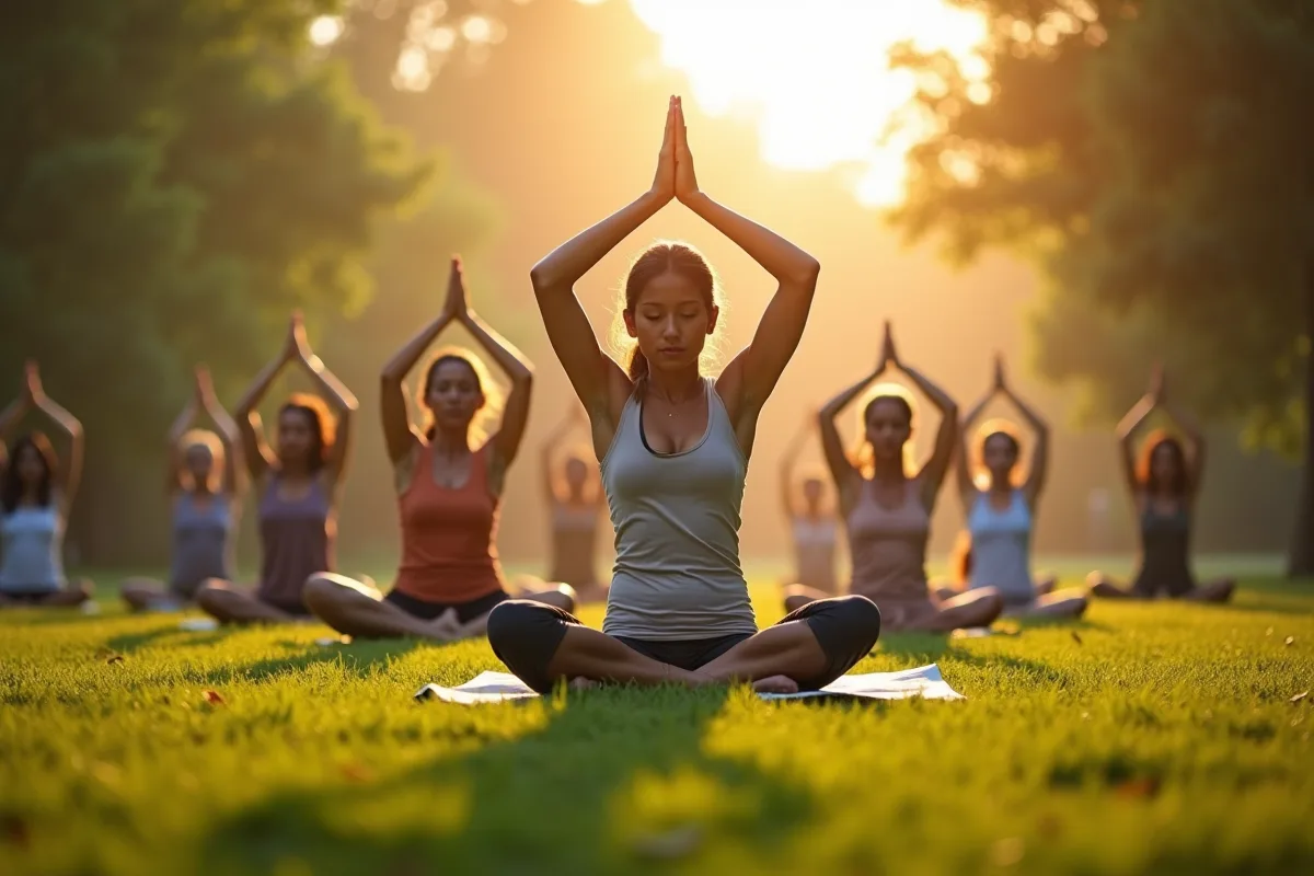 Groupe divers pratiquant yoga au parc au lever du soleil