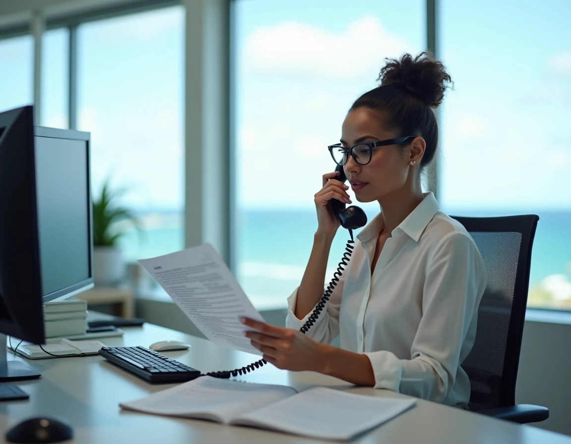 Professionnelle consultant un guide des indicatifs téléphoniques pour appeler Mayotte depuis un bureau