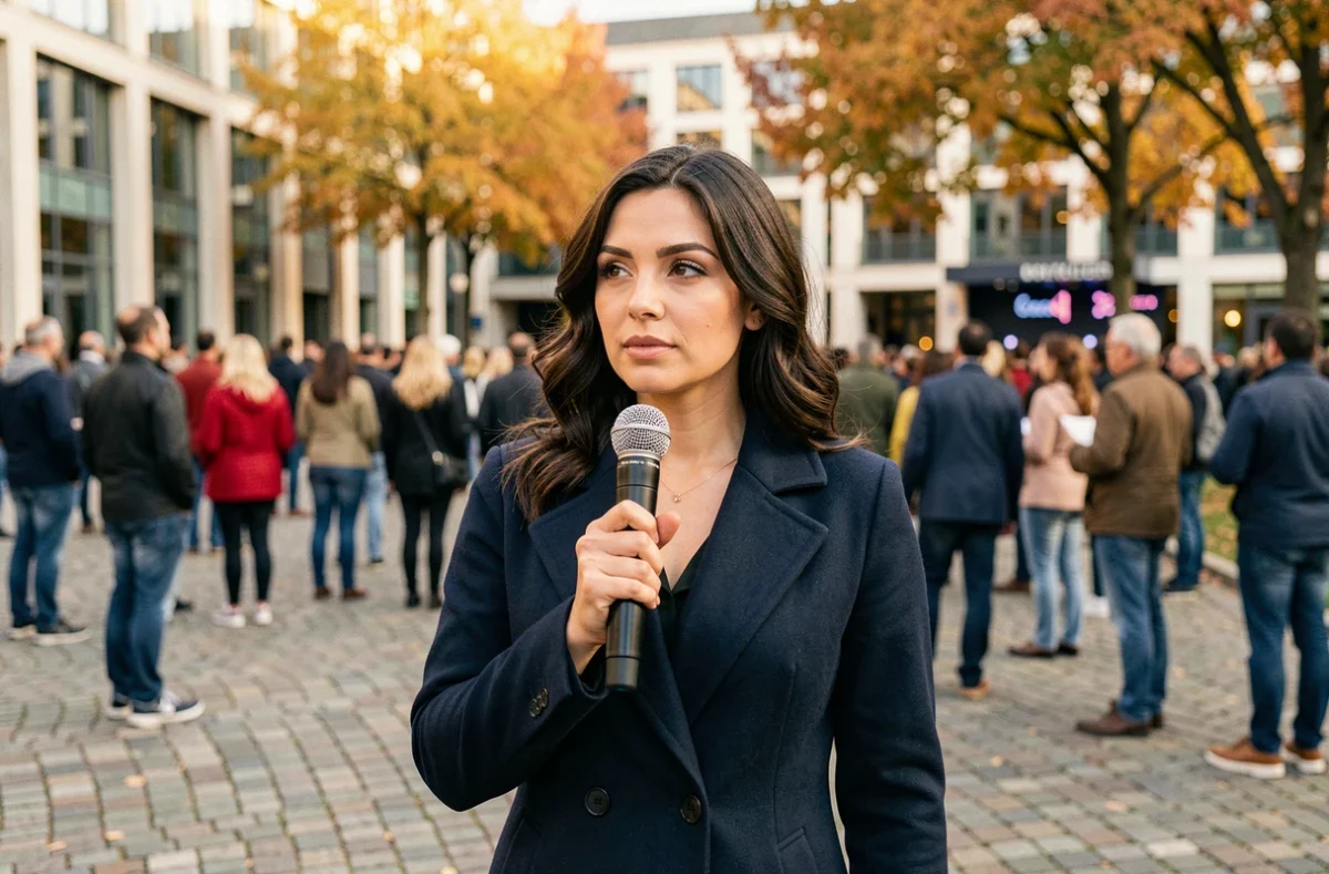Animatrice tenant un microphone lors d'un événement public en plein air, symbole de l'engagement de Guilloton Christina auprès de son public