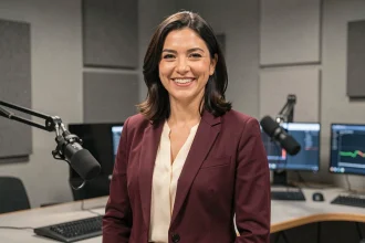 Animatrice professionnelle souriante devant un bureau de studio de télévision, représentant le parcours de Guilloton Christina