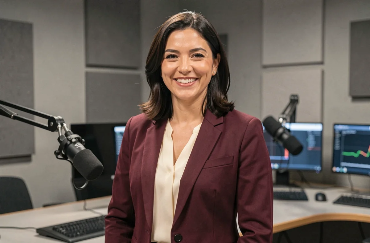 Animatrice professionnelle souriante devant un bureau de studio de télévision, représentant le parcours de Guilloton Christina