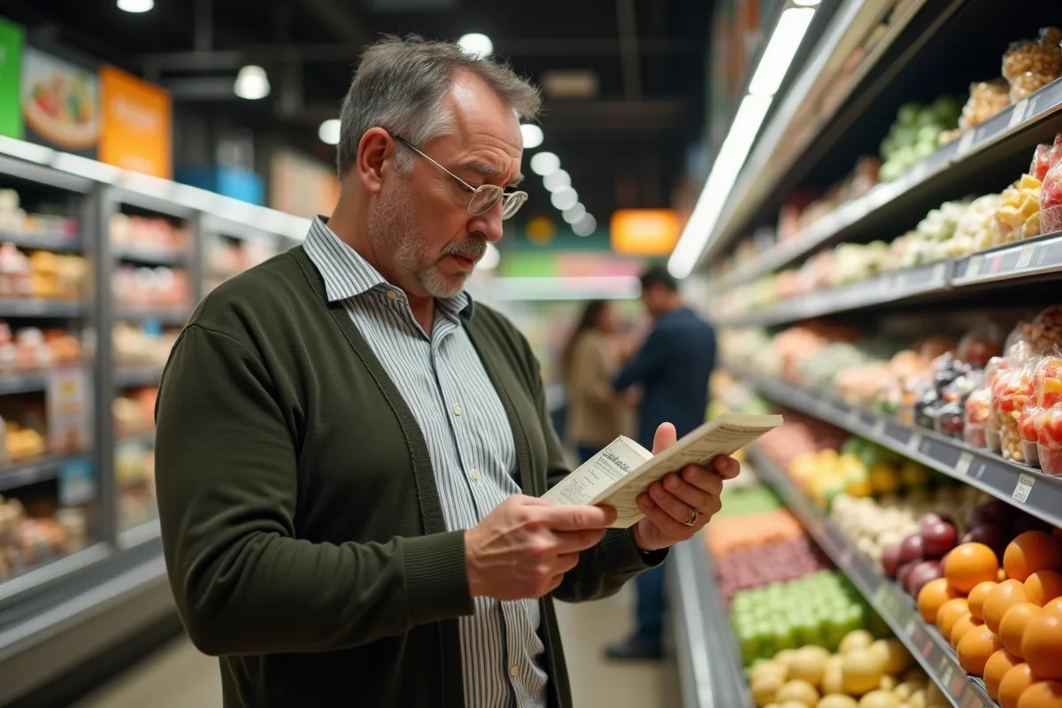 Homme en magasin regardant un produit alimentaire sain