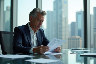 Homme d'affaires en costume examine un document fiscal