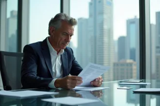 Homme d'affaires en costume examine un document fiscal
