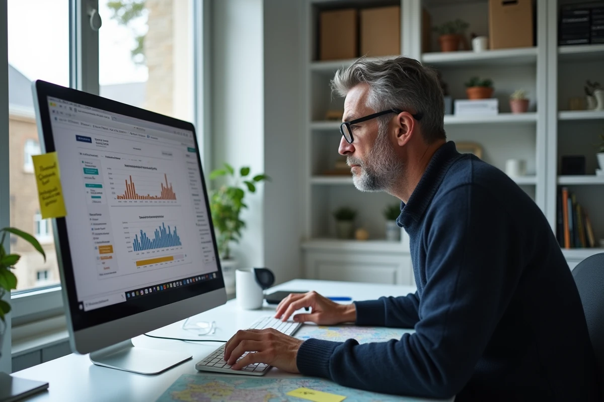 Homme analysant des données de comparaison de villes sur un site spécialisé pour choisir une nouvelle région en France