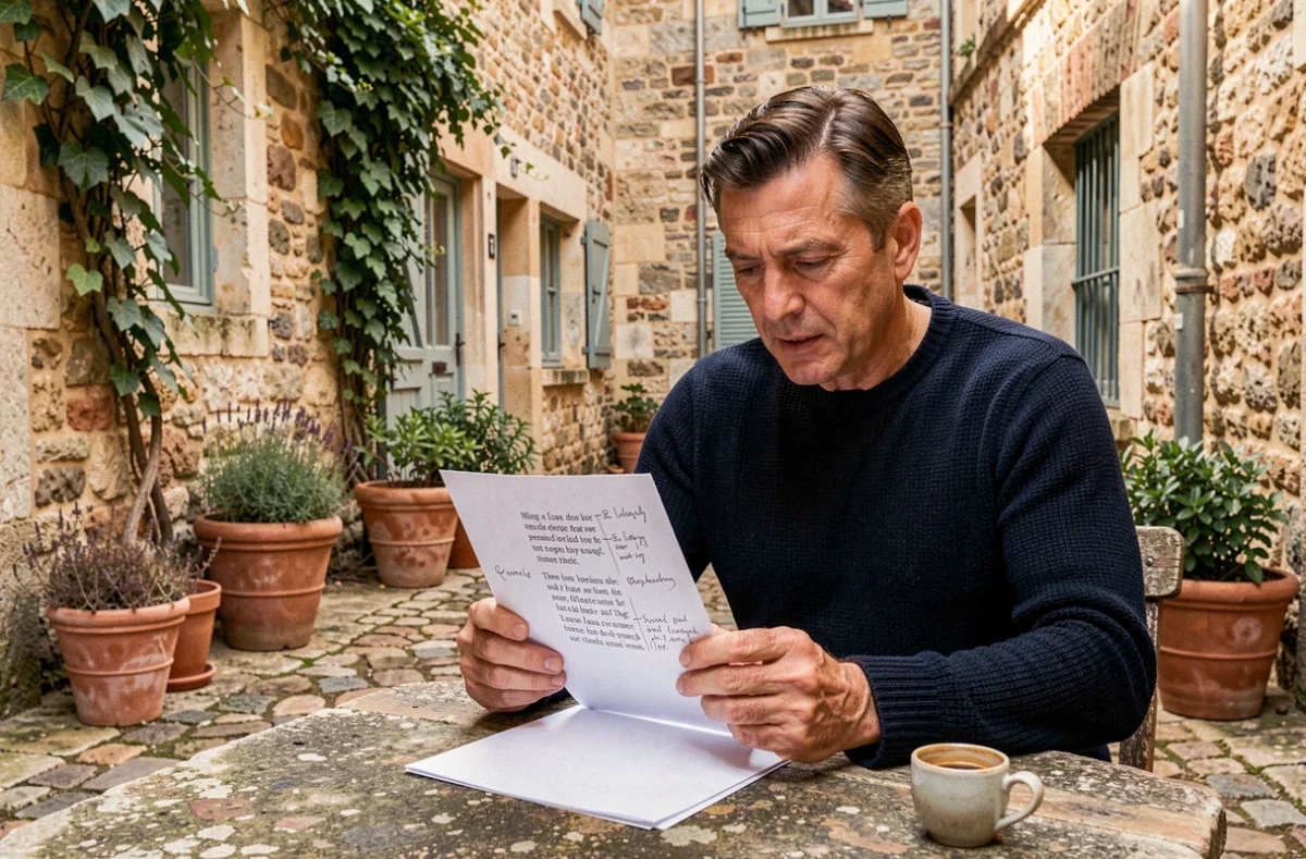 Homme annotant une strophe de sonnet sur une feuille de poésie dans une cour provençale en pierre