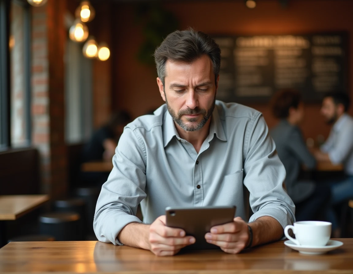 Homme d'affaires consultant un annuaire inversé sur tablette dans un café urbain avec tasse de café