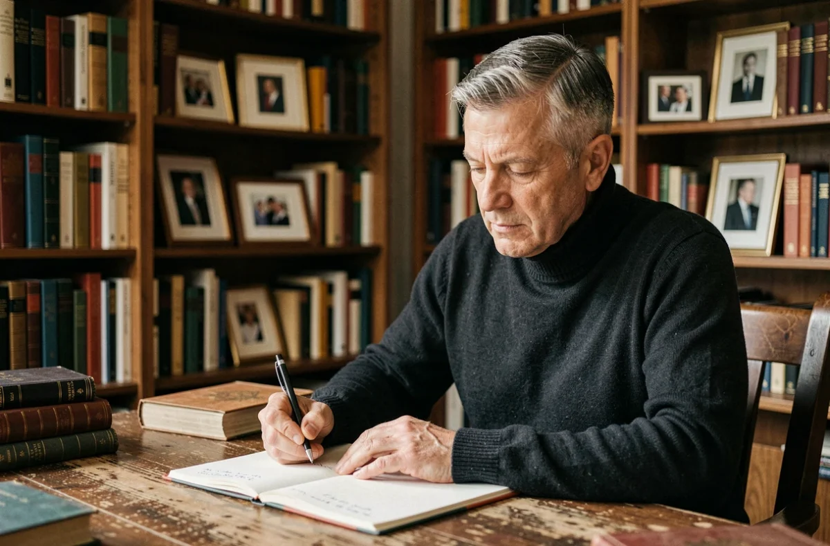 Homme concentré dans une bibliothèque familiale, ambiance intimiste évoquant la vie privée loin des médias